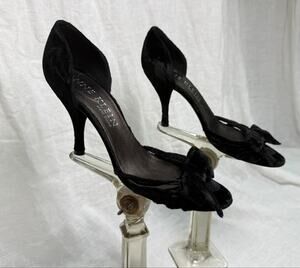 VTG 90s Anne Klein New York Velvet Heels Black D'Orsay Peep Toe Bow Italy 
8.5